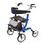 Vive Health Everglide Rollator Model S in blue, featuring large front wheels, ergonomic hand brakes, a padded seat, and an under-seat storage bag. Vive Health Everglide Rollator Model S in blue, featuring large front wheels, ergonomic hand brakes, a padded seat, and an under-seat storage bag.