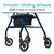 A blue lightweight rollator with four black smooth-gliding wheels and a storage pouch, shown with the text "Smooth-Gliding Wheels Make it easy to move around. A blue lightweight rollator with four black smooth-gliding wheels and a storage pouch, shown with the text "Smooth-Gliding Wheels Make it easy to move around.