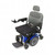 Heavy-duty electric wheelchair with a solid seat pan and gray cushioned captain’s seat ergonomic backrest, and padded armrests, shown with a joystick controller mounted on the right arm. The frame features a striking blue base with large rear drive wheels and smaller front casters for stability. Dual footrests and side control panel are visible, highlighting comfort and maneuverability for users with mobility limitations.
