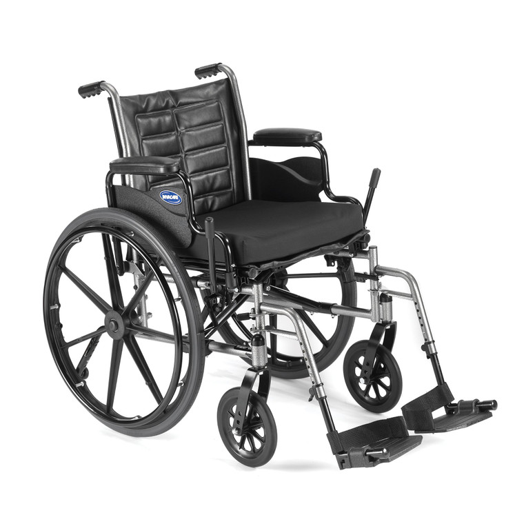 Invacare Tracer SX5 Lightweight Manual Wheelchair (Custom) shown with Desk-Length Armrests, Seat Cushion, Pneumatic Tires, Wheel Lock Extensions, Adjustable Anti-Tippers, Black Vinyl Upholstery and 70° Footrests with Heel Loops