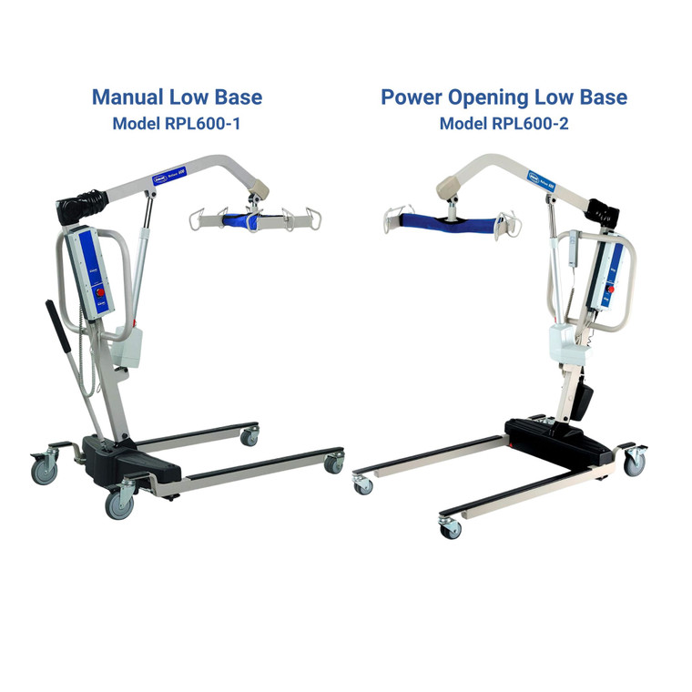 Two Invacare medical lift models side by side: Manual Low Base RPL600-1 on the left and Power Opening Low Base RPL600-2 on the right.