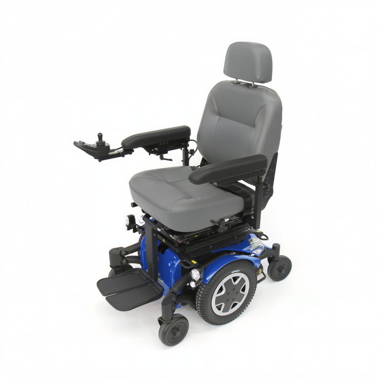 Invacare TDX SP2 Heavy-duty power wheelchair with a modern matte-blue frame, featuring a premium captain’s seat with ergonomic cushioning and padded armrests. Joystick controller mounted on the right armrest offers precise drive control, while large rear drive wheels and compact caster wheels ensure maneuverability. Dual footrests provide stability for users with limited mobility