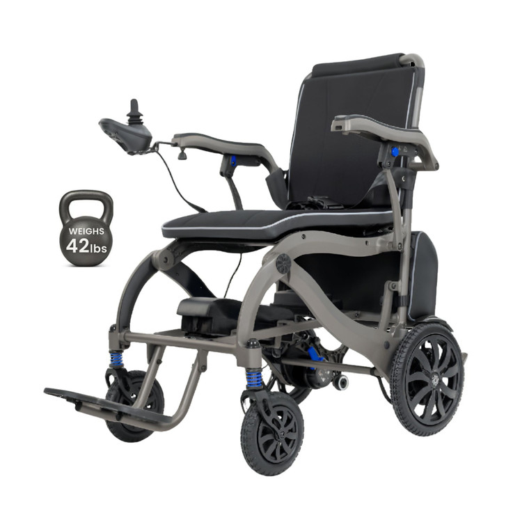 Lightweight electric wheelchair with joystick control, padded seat and backrest, foldable footrest, and durable frame designed for easy transport and everyday mobility. Lightweight electric wheelchair with joystick control, padded seat and backrest, foldable footrest, and durable frame designed for easy transport and everyday mobility.