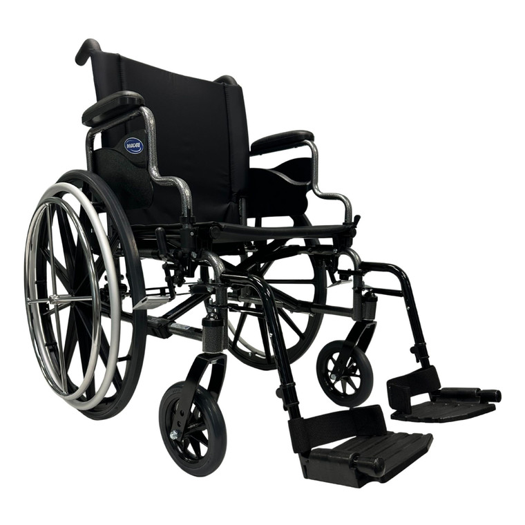 A black Invacare 9XDT one arm drive wheelchair with padded arms and footrests, featuring large rear wheels and smaller front casters for mobility.