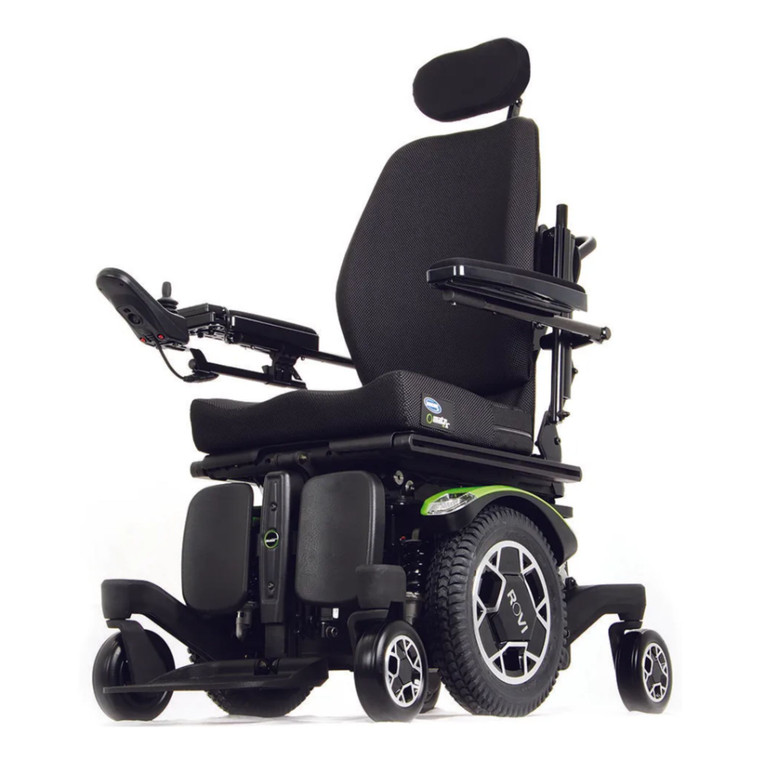 Invacare Rovi X3 mid-wheel drive power wheelchair with Ultra Low Maxx seating system, shown from a front three-quarter angle on a multiple power base configuration.