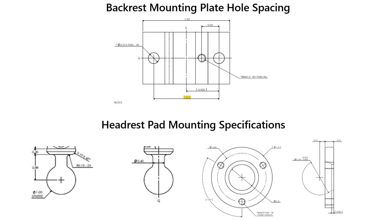 Invacare Matrx LOXX Headrest Hardware mounting specifications showing backrest mounting plate hole spacing and headrest pad mounting dimensions.