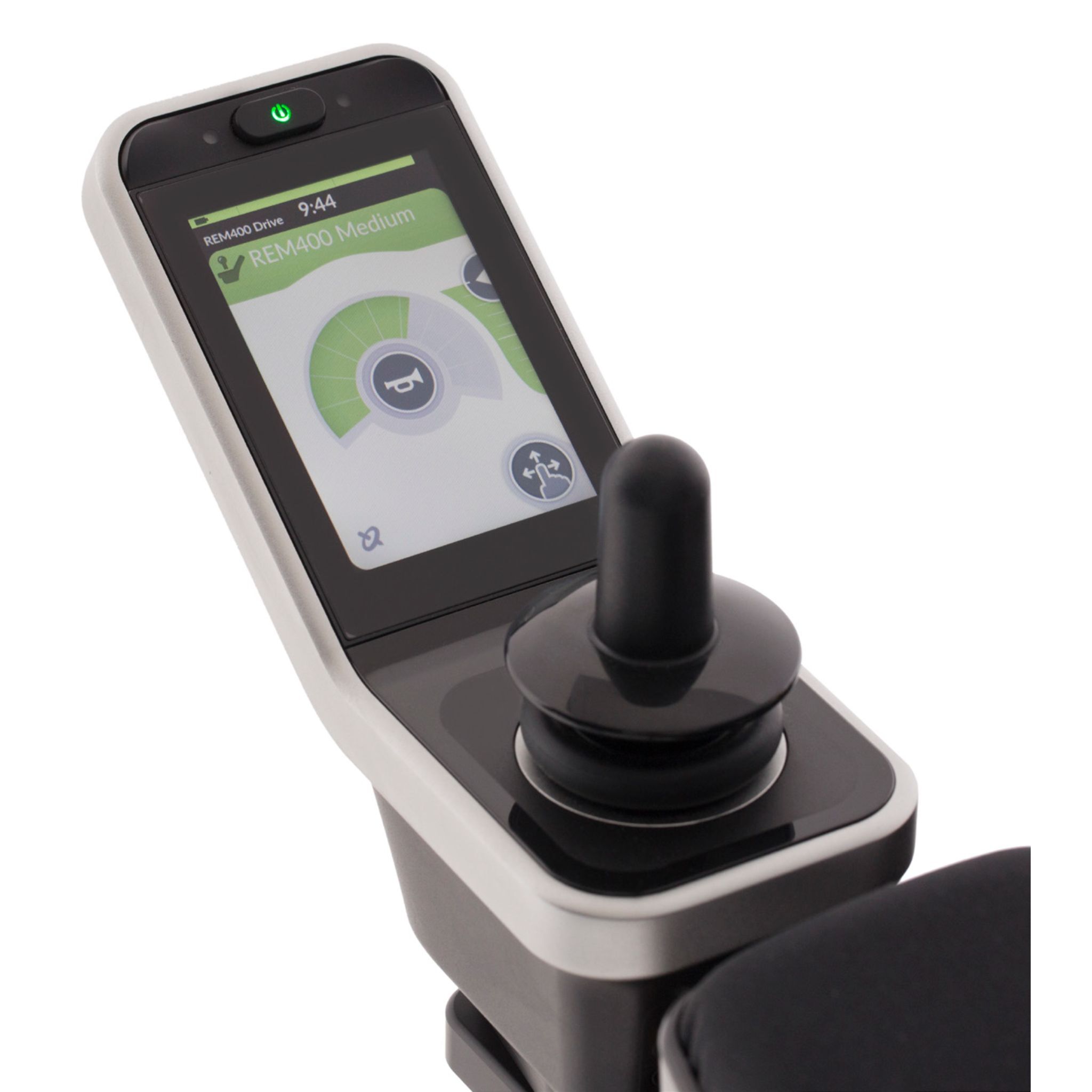 Invacare Storm Torque RX 20 Power Wheelchair REM400 control panel shown with joystick and digital display; screen indicates ‘REM400 Drive’ mode and status icons for powered mobility functions.