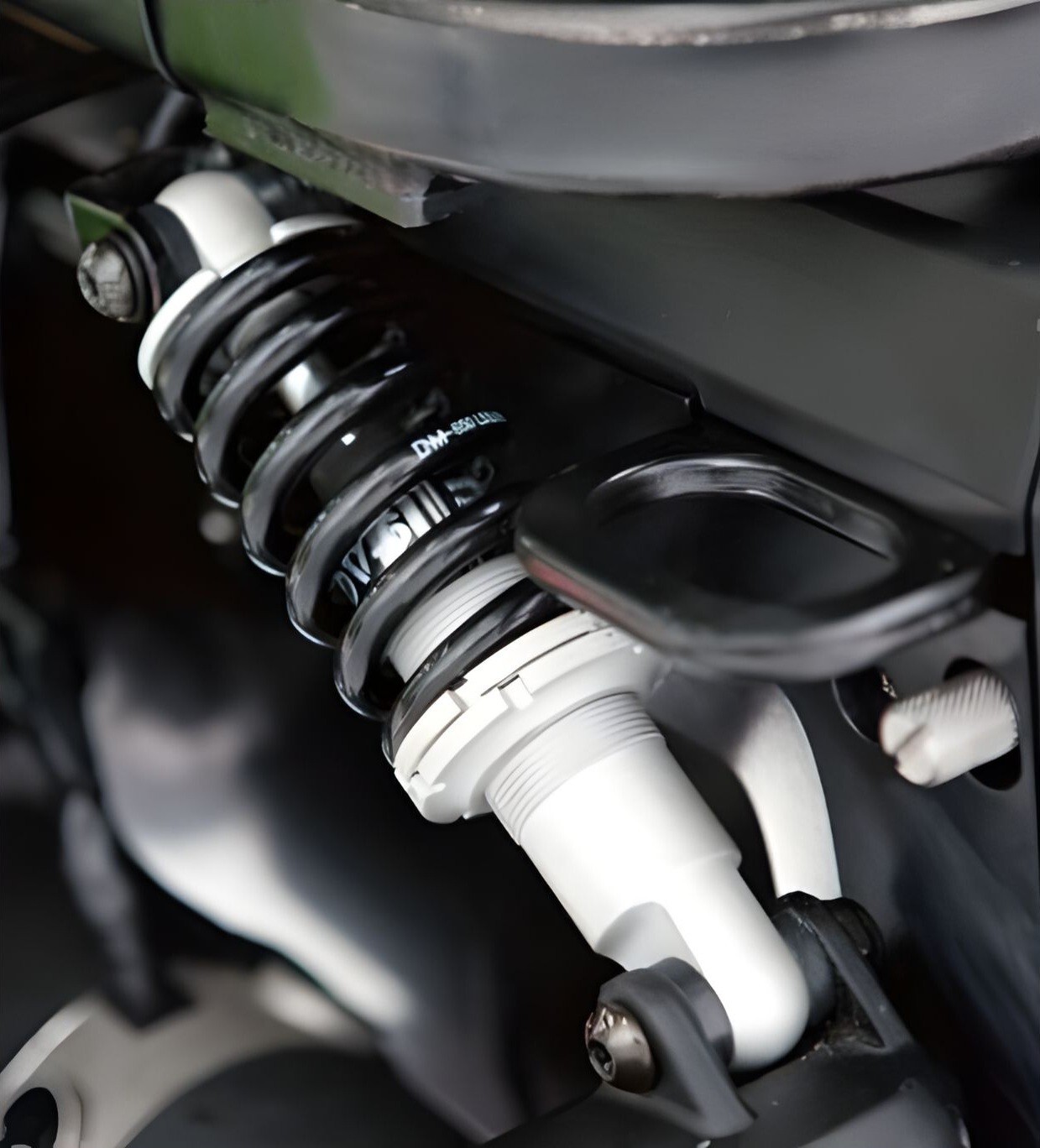 Close-up view of the Invacare ROVI X3 Active Ride Control (ARC) suspension, highlighting the independent coil-over shock system designed to improve stability, traction, and ride comfort over uneven terrain.