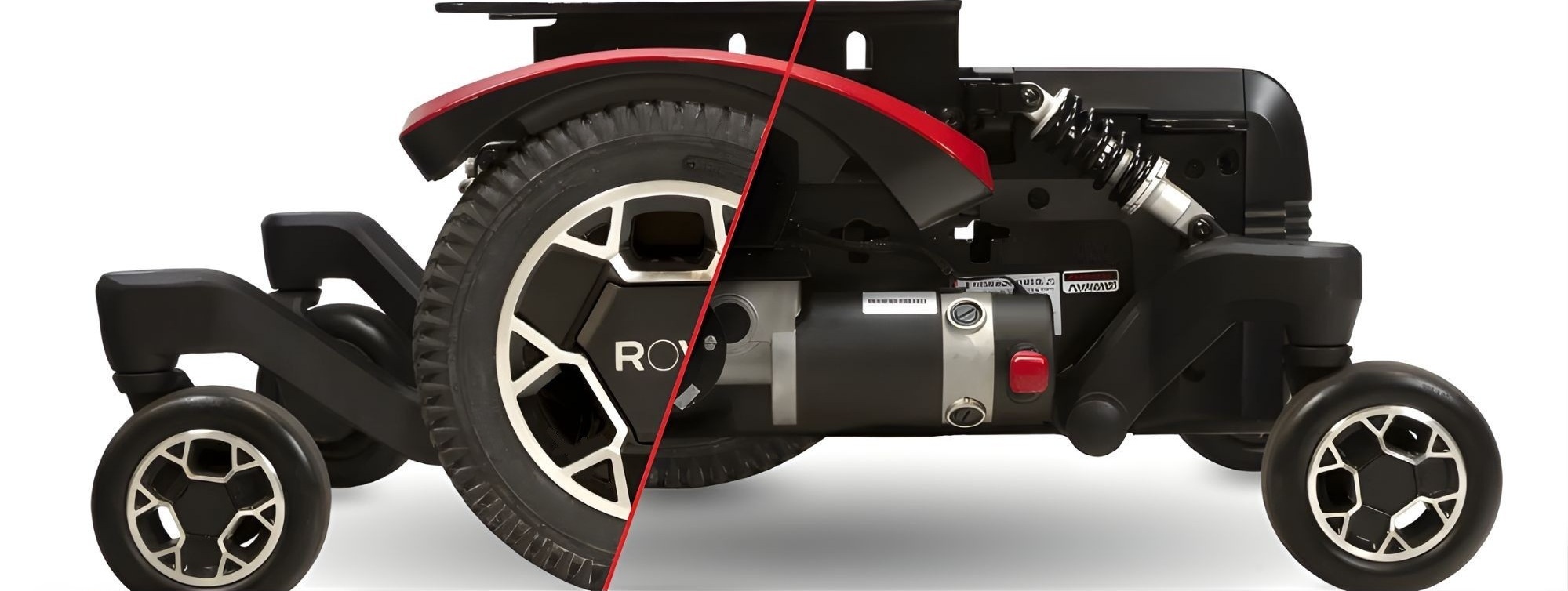 Side view of the Invacare ROVI power wheelchair drive base, showing the high-speed mid-wheel motor, suspension components, and caster wheels designed for smooth, stable performance.