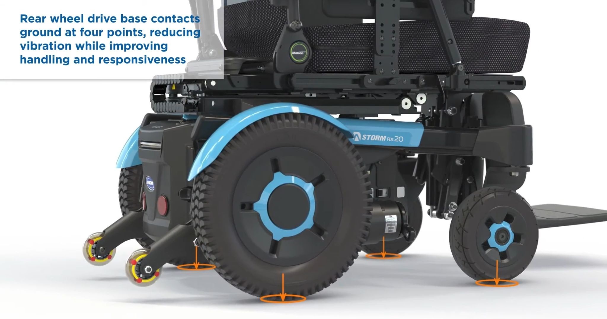 Rear wheel drive base of Invacare Storm RX 20 Power Wheelchair shown in close-up; four ground contact points reduce vibration and enhance handling and responsiveness. Labeled STORM RX20.