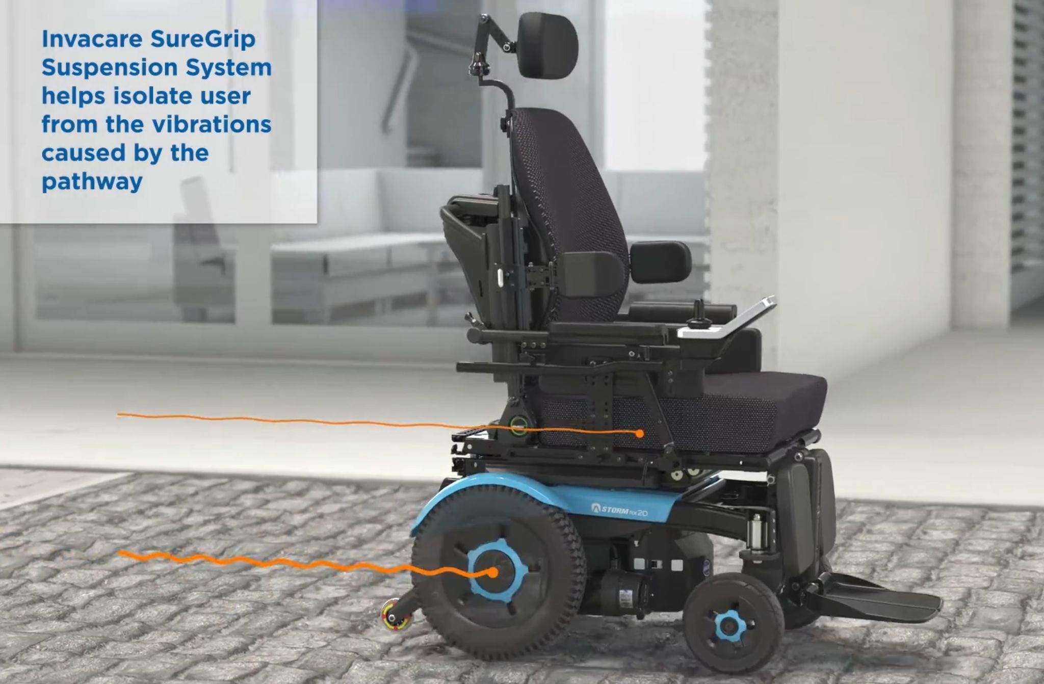 Invacare Storm RX20 Power Wheelchair with SureGrip Suspension System highlighted; cobblestone pathway demonstrates vibration isolation for smoother ride and user comfort. Text reads: ‘Invacare SureGrip Suspension System helps isolate user from the vibrations caused by the pathway.