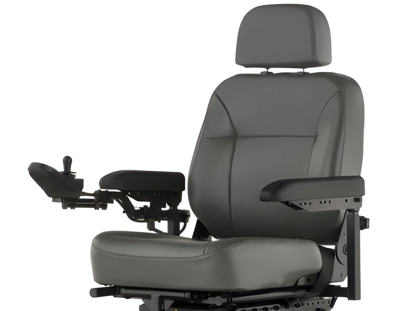 A modern, ergonomic gray electric wheelchair captain's seat with adjustable headrest and armrests, featuring a joystick control on the left arm.