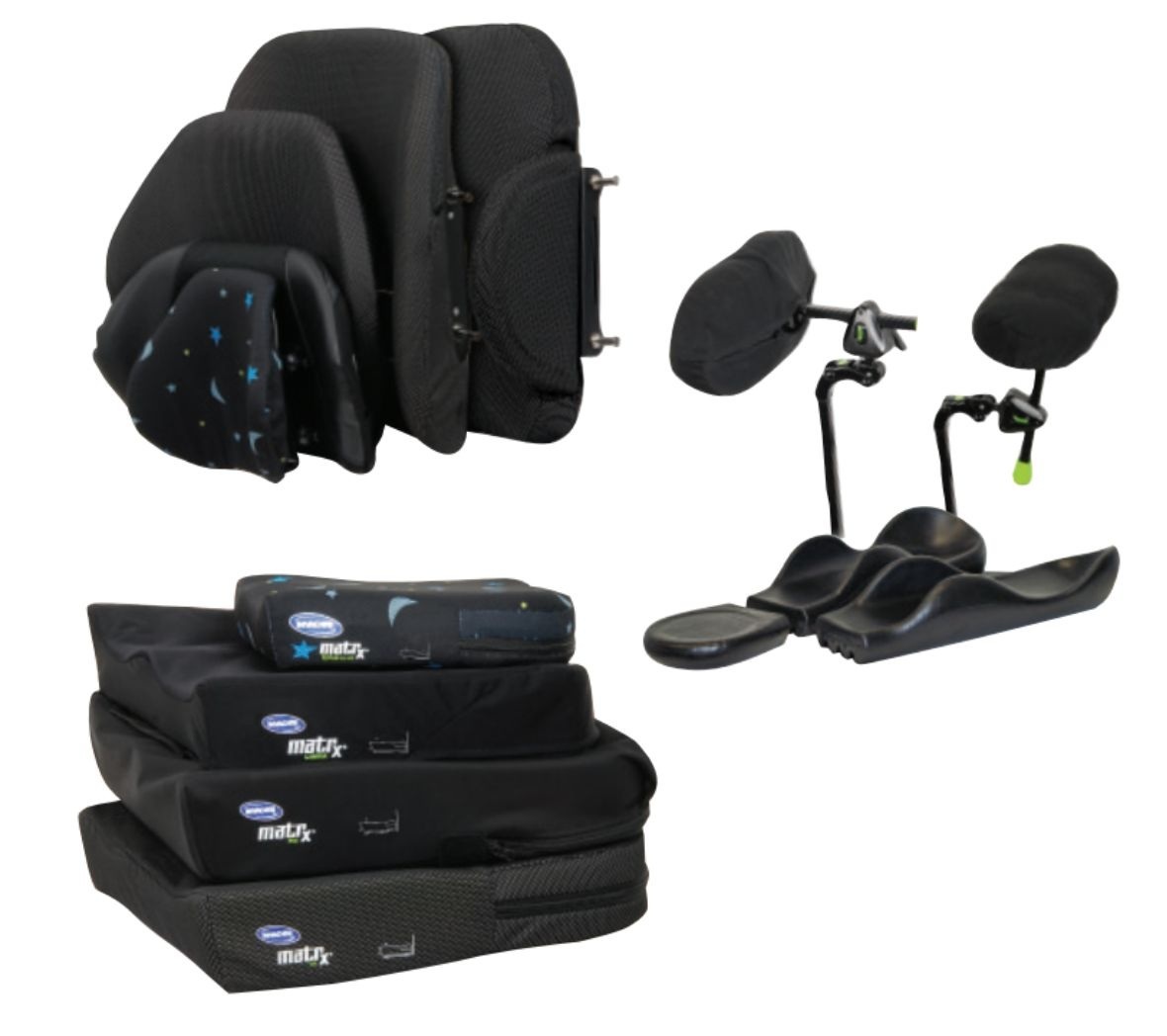 Invacare Matrx wheelchair seating components including adjustable backrests, headrests, contoured cushions, and footrest, designed for customizable comfort and postural support.