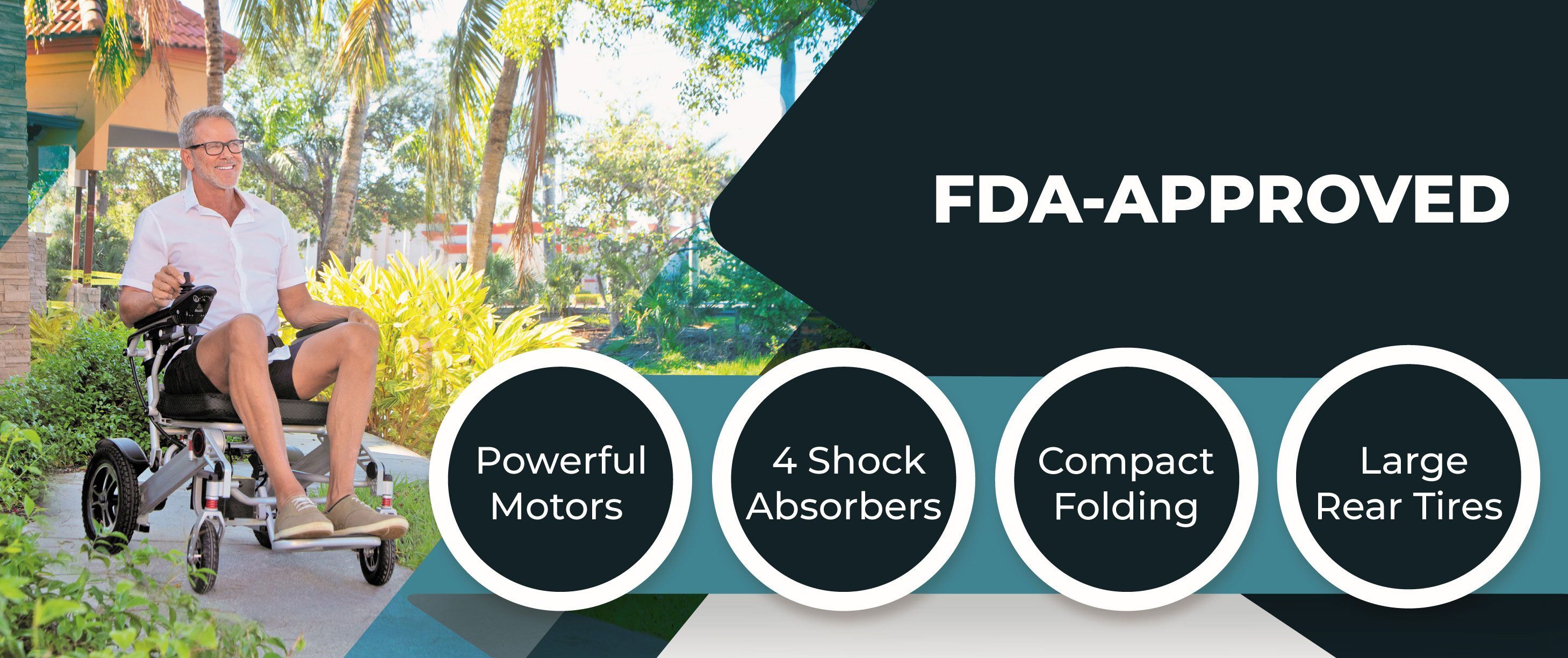 A man sits in a compact, FDA-approved Vive Health Lightweight Foldable Power Wheelchair on a sunny pathway surrounded by lush greenery, highlighting its features.