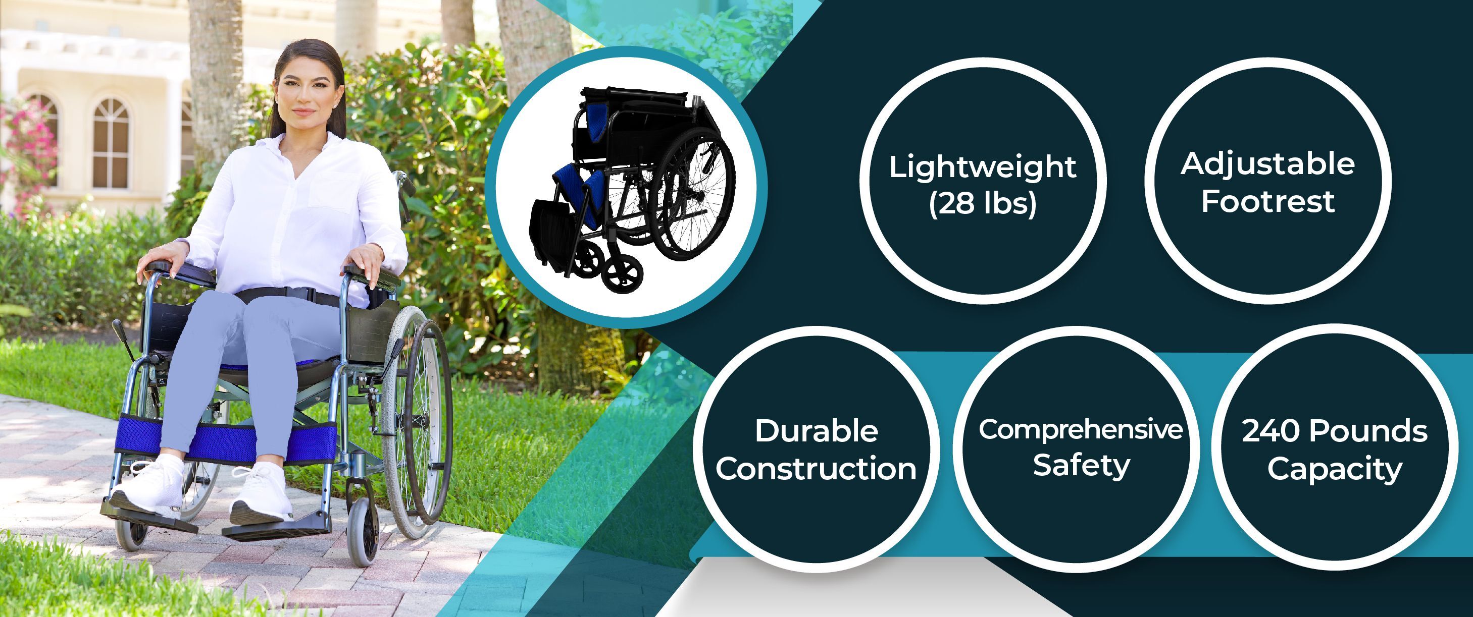 Outdoor lifestyle image highlighting a Vive Air Frame 28 lb wheelchair with inset feature callouts including safety brakes and adjustable footrest.