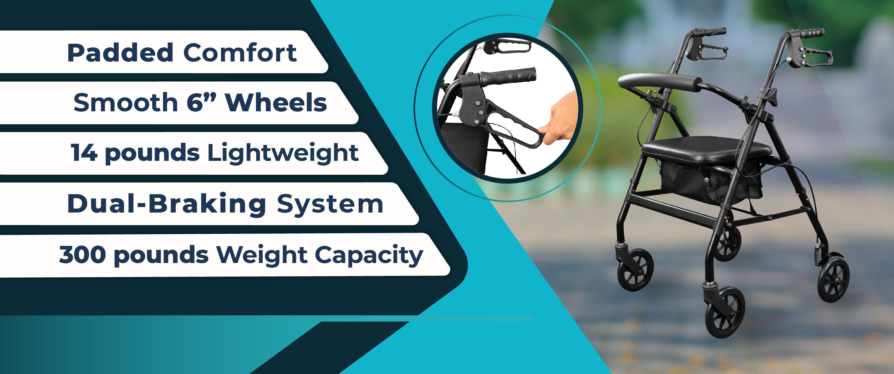 A black Vive Health Aluminum Lightweight Rollator with padded seat, 6” wheels, dual-braking system, and a 300-pound weight capacity, set against a blurred background.