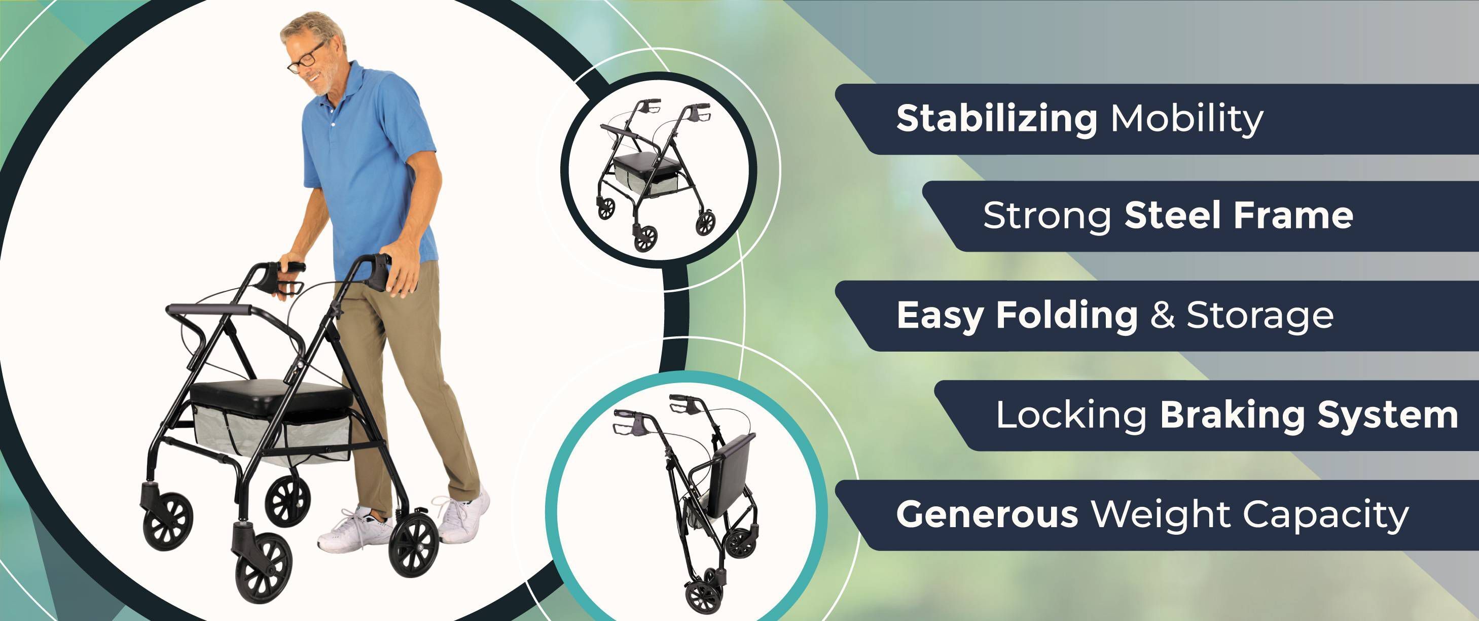 A person uses a sturdy Vive Health Bariatric Rollator featuring a steel frame, with icons highlighting its stability, folding ease, and locking brakes.