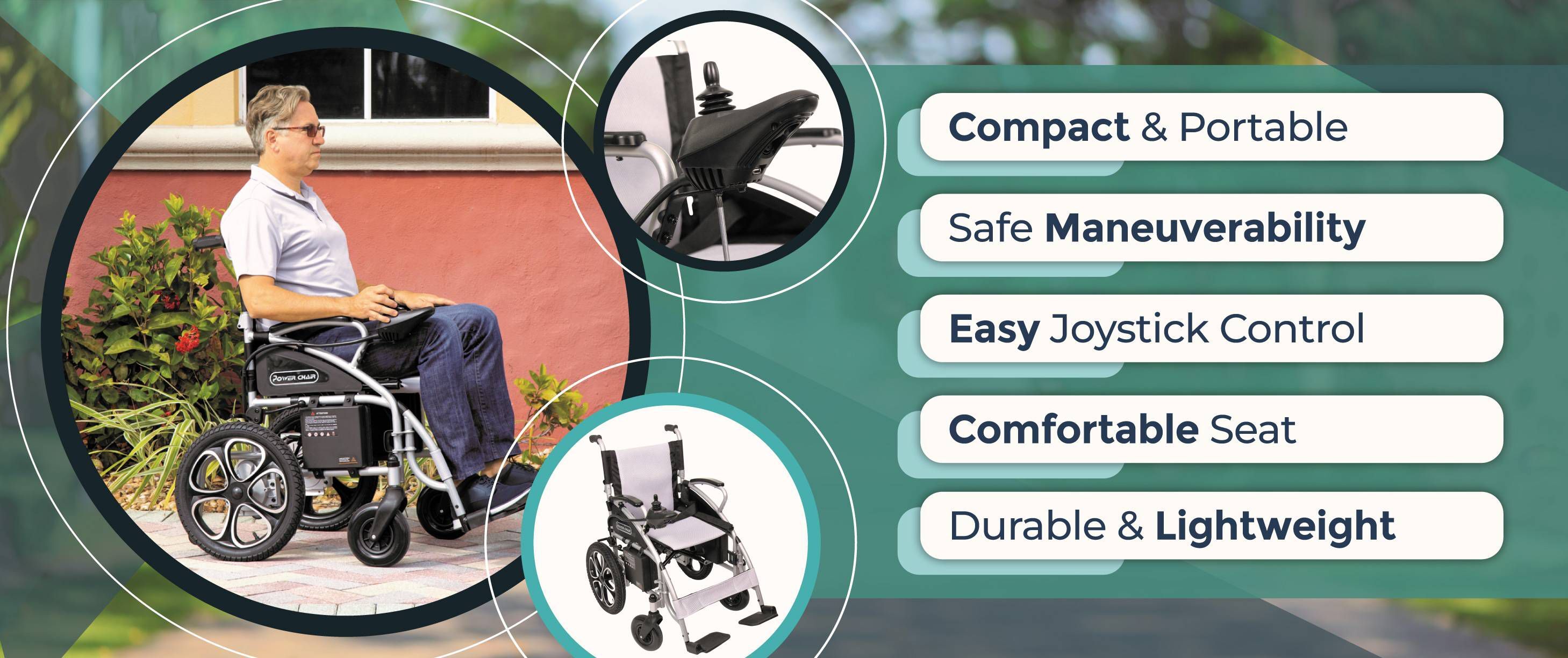 A person sits in a sleek, portable wheelchair amidst greenery, showcasing features like easy joystick control and a comfortable seat.
