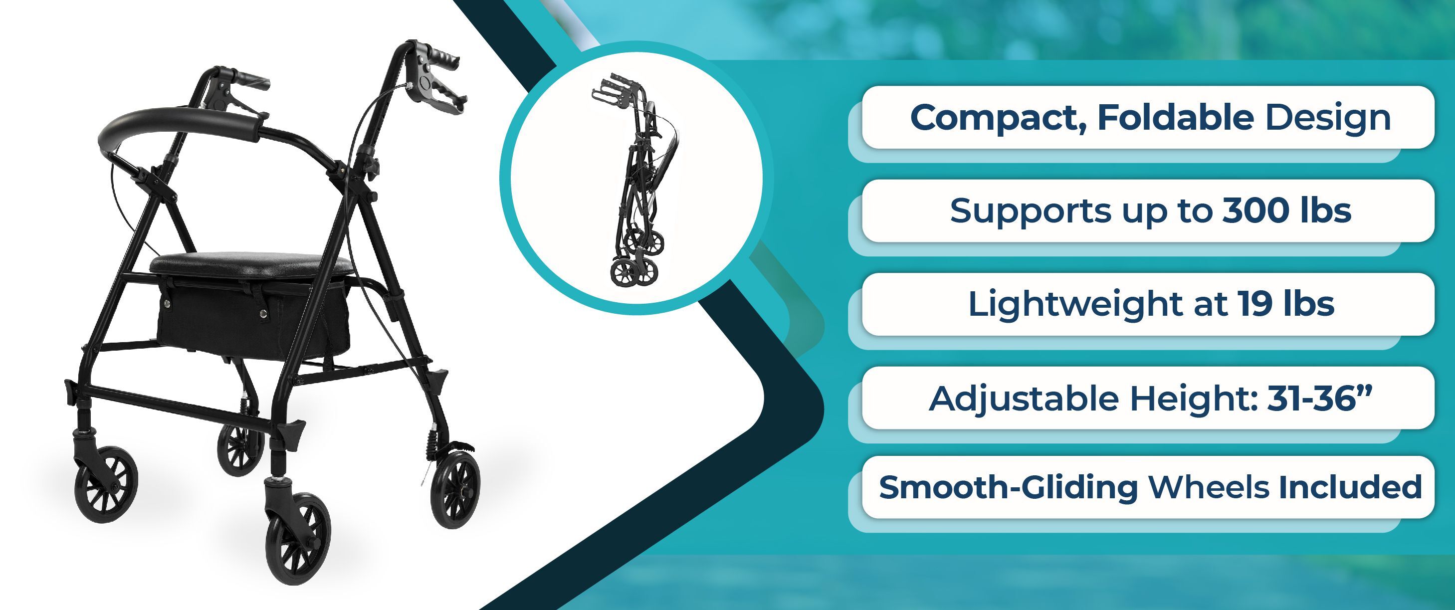 Product overlay displaying specifications for the Vive All Terrain Knee Walker. Text highlights its compact, foldable design, 300 lb weight capacity, lightweight frame at 19 lbs, adjustable handlebar height ranging from 31 to 36 inches, and inclusion of smooth-gliding wheels.