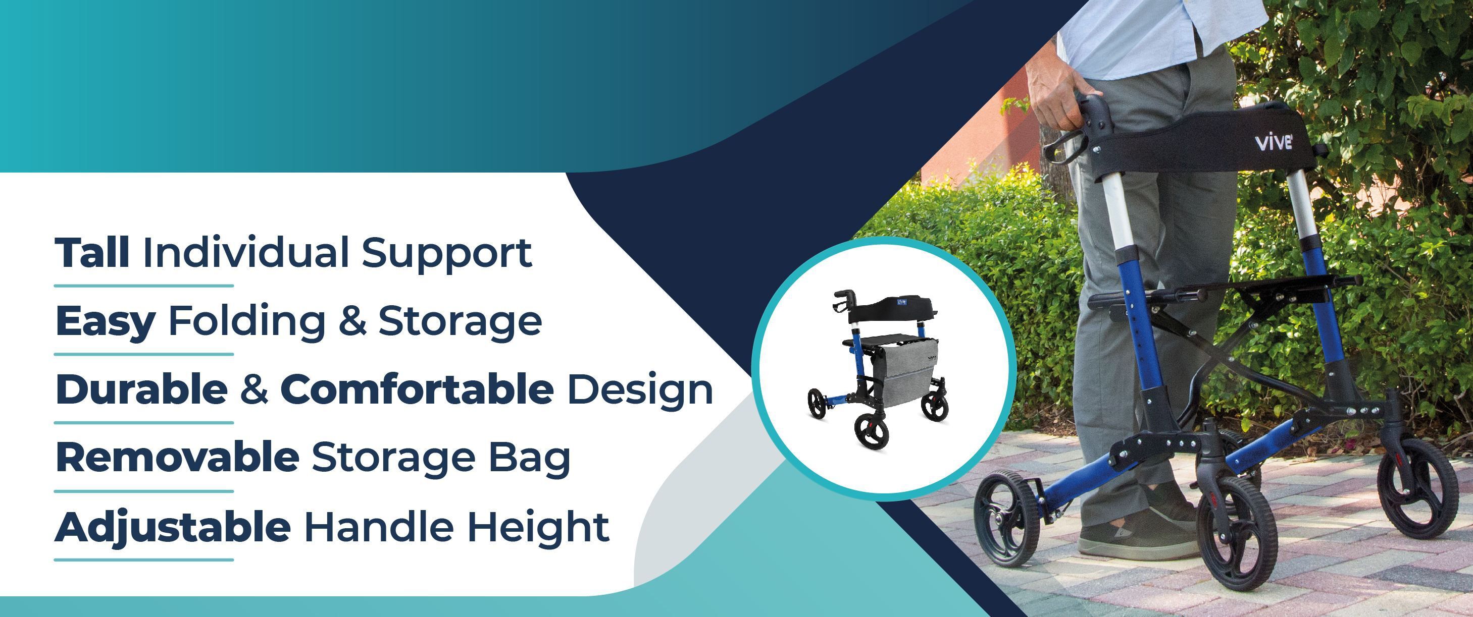 A person using a blue Vive Foldable Rollator Series T with a storage bag, showcasing features like tall support and easy folding.