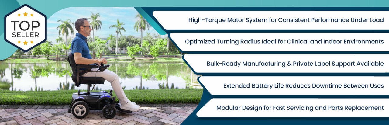 Lifestyle image of an electric mobility chair in use outdoors with feature highlights like modular design, extended battery life, and compact turning radius.