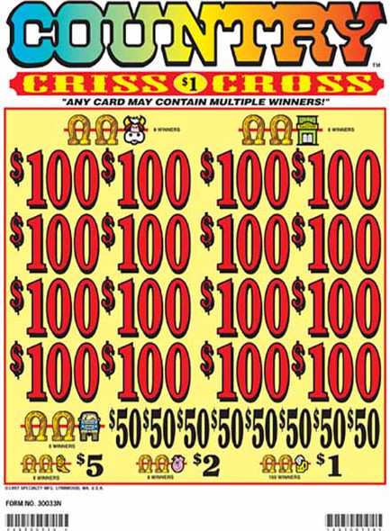 Country Criss Cross 3W $1 16@$100 (1@$200) $1B 26% 3000