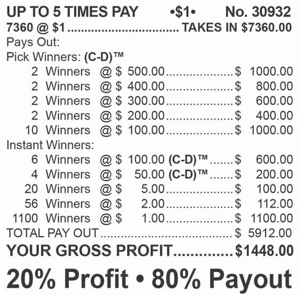 Up to 5 Times Pay PK 3W $1 2@$500 $1B 20% 7360