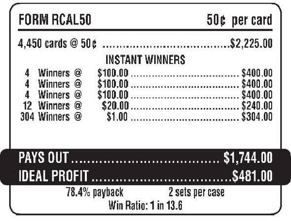Cal 50 (Vega Club) 5W $0.50 12@$100 $1B 22% 4450