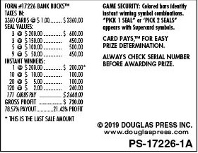 Bank Bucks PK 3W $1 4@$200 $2B 21% 3360 LS