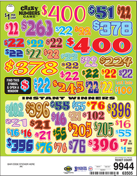 Crazy Numbers Game Big Pic Chip $1 8@$400 $1B 24% 9944 LS