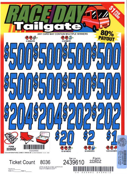 Race Day Tailgate 3W $1 8@$500 $1B 19% 8036