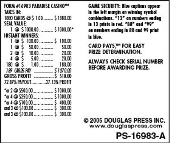 Paradise Casino Seal 5W $1 2@$500 $1B 27% 1880