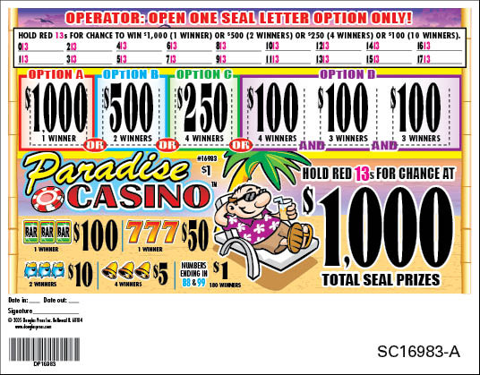 Paradise Casino Seal 5W $1 2@$500 $1B 27% 1880