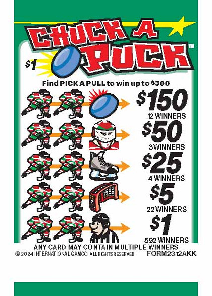 Chuck a Puck PK 3W $1 18@$150 (2@$300) $1B 19% 5292 LS