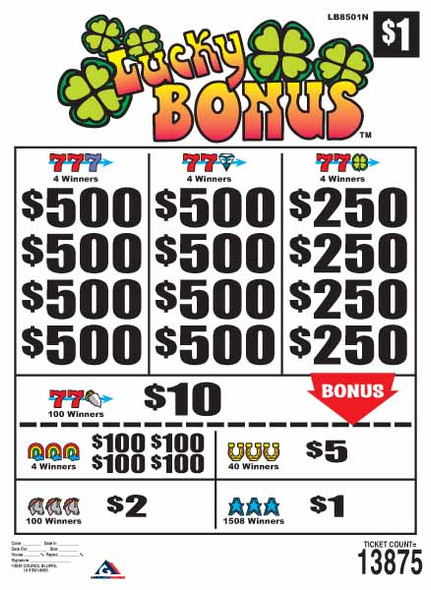 Lucky Bonus 5W $1 8@$500 $1B 40% 13875