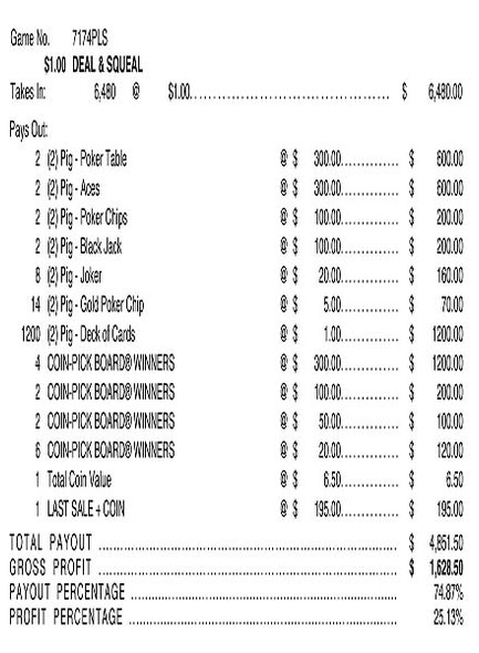 Deal and Squeal Coin-Pick Board 5W $1 8@$300 $1B 25% 6480