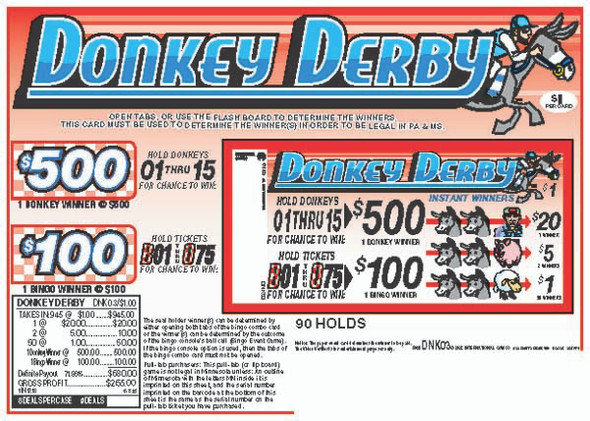 Donkey Derby Verifier 5W $1 1@$500 $1B 28% 945