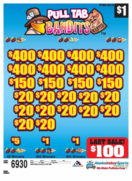 Pull Tab Bandits 3W $1 8@$400 $1B 19% 6930 LS