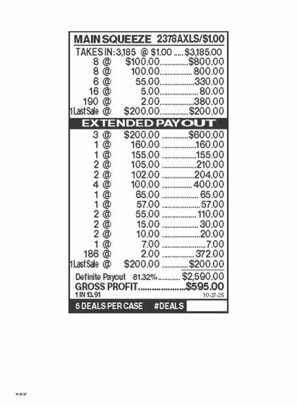 Main Squeeze 3W $1 16@$100 (3@$200) $2B 19% 3185 LS