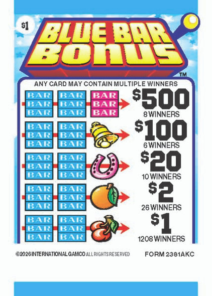 Blue Bar Bonus 3W $1 8@$500 $1B 25% 8036