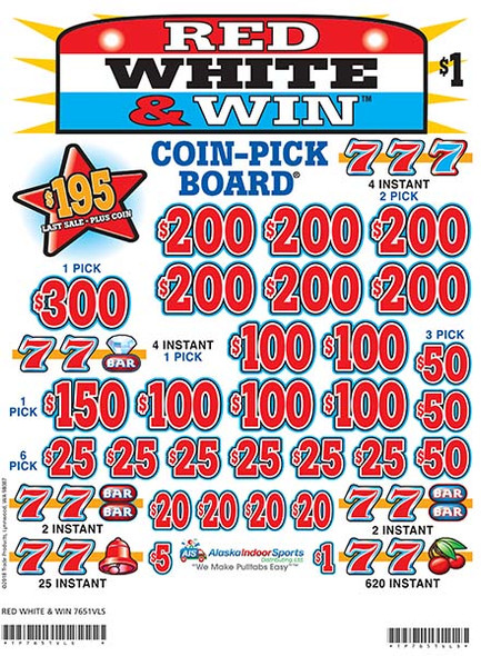Red White and Win Coin-Pick Board 3W $1 6@$200 $1B 28% 4800 LS