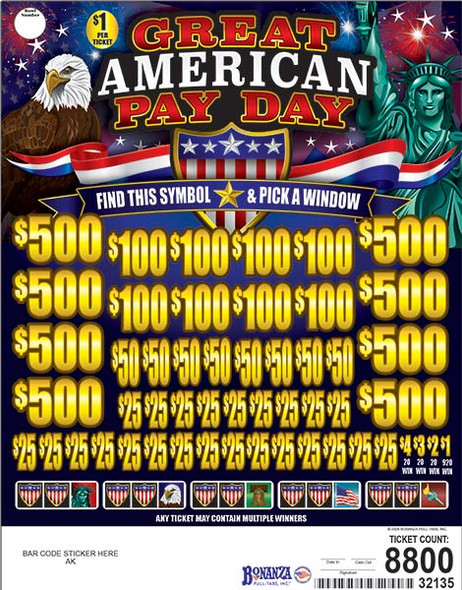 Great American Pay Day Big Pic 3W $1 8@$500 $1B 22% 8800