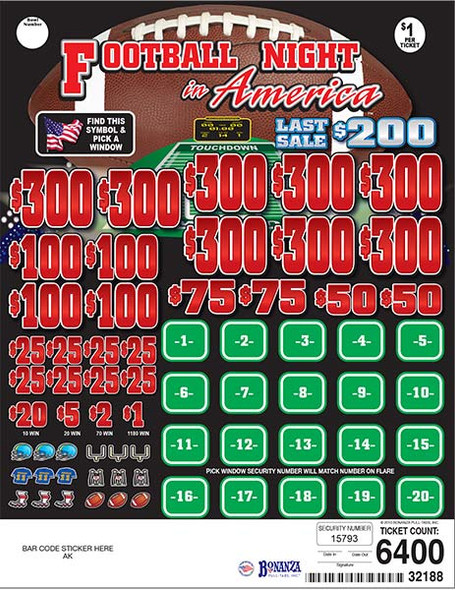 Football Night in America PK 3W $1 8@$300 $1B 21% 6400 LS