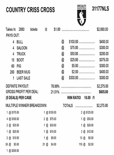 Country Criss Cross 3W $1 8@$100 (1@$175) $2B 21% 2880 LS