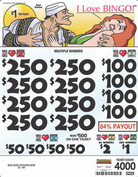 I Love Bingo 3W $1 8@$250 (1@$500) $1B 16% 4000