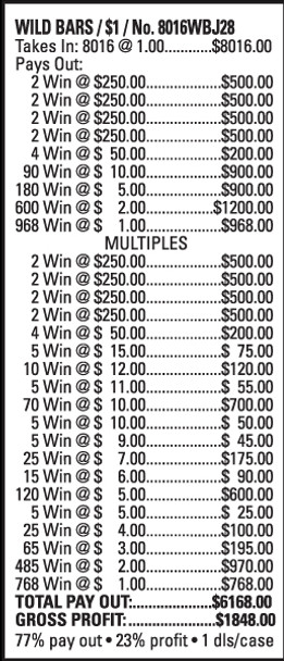Wild Bars 5W $1 8@$250 $1B 23% 8016
