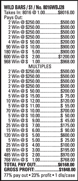 Wild Bars 5W $1 8@$250 $1B 23% 8016