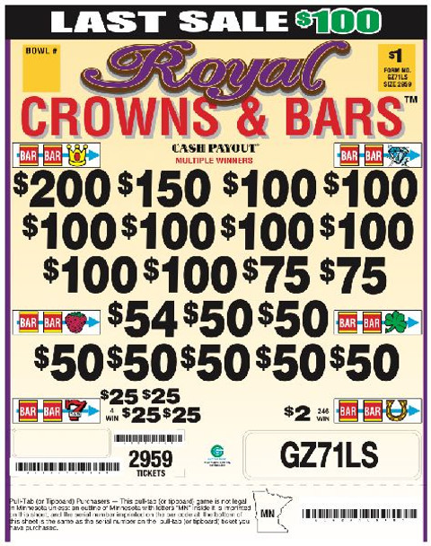 Royal Crowns and Bars 3W $1 12@$100 (1@$200) $2B 19% 2959 LS