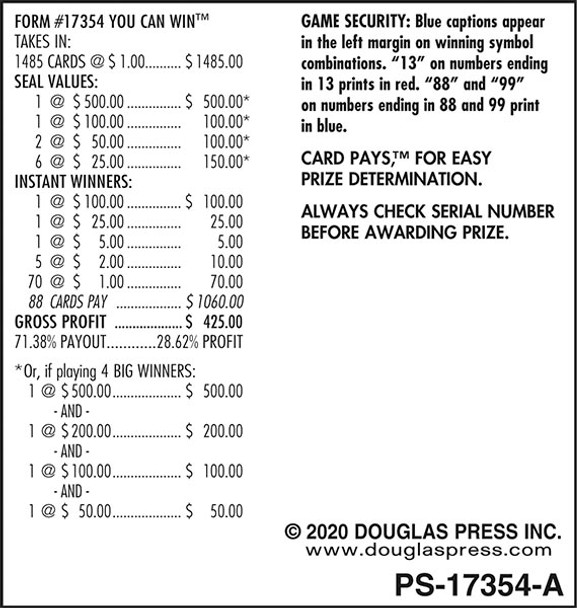 You Can Win Seal 5W $1 1@$500 $1B 28% 1485 All Holders Win