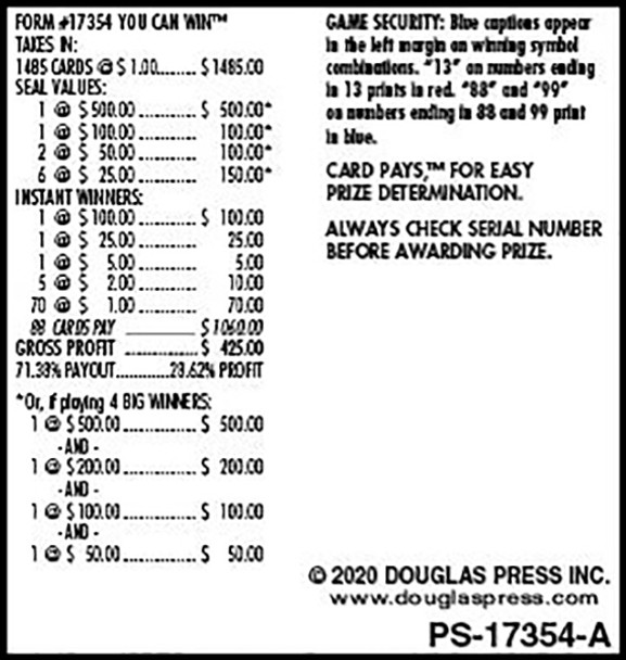 You Can Win Seal 5W $1 1@$500 $1B 28% 1485 All Holders Win